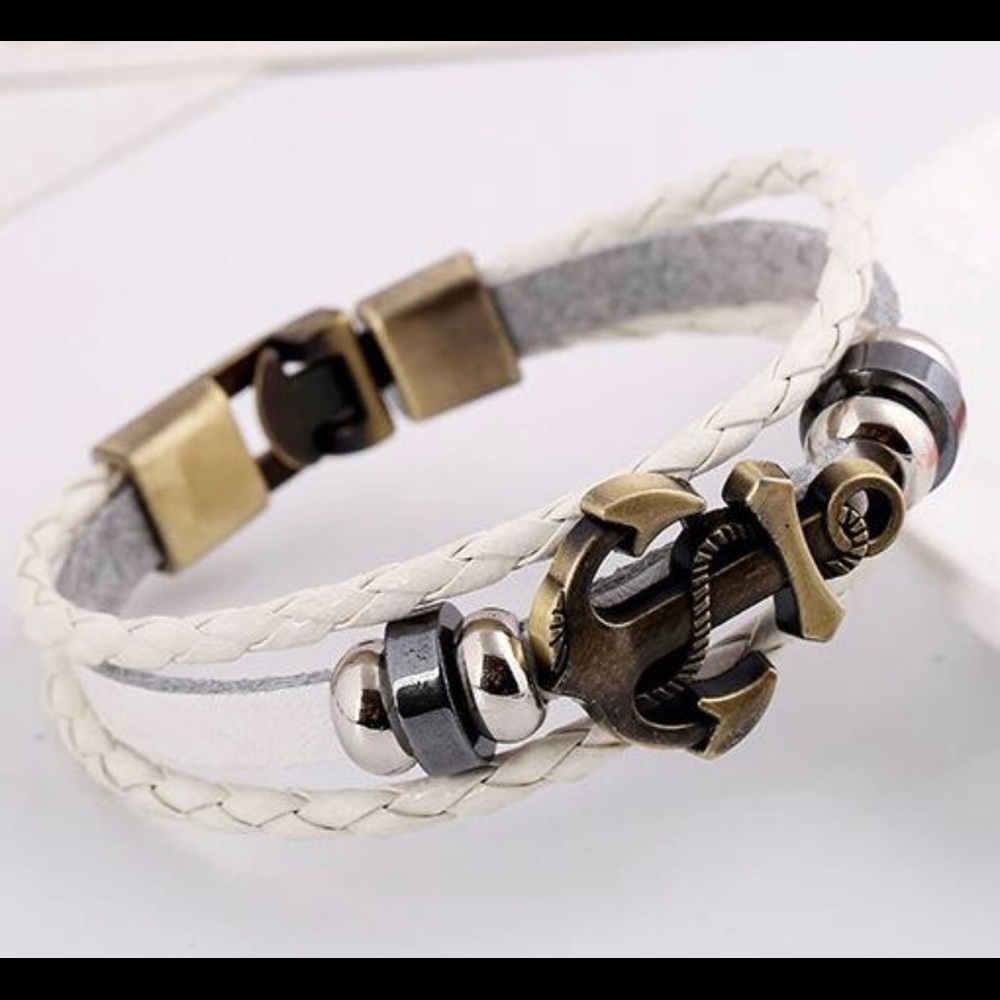 NEW White Genuine Leather Wrap Anchor Bracelet AB1